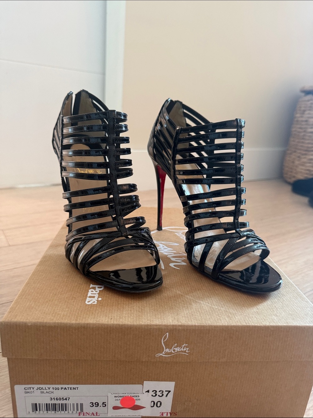 Christian Louboutin Black Patent Strappy Cage Stiletto Sandals